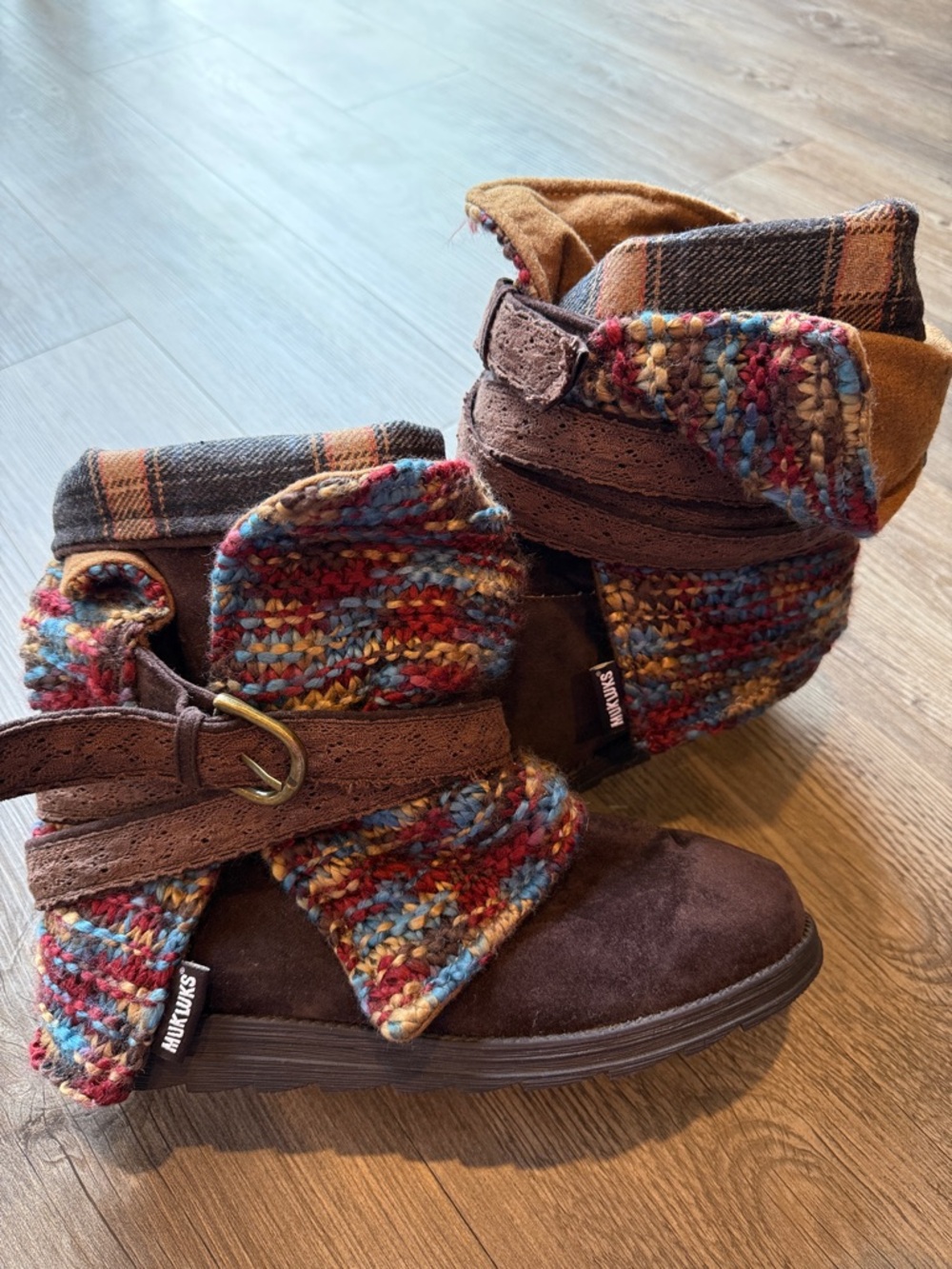 Muk Luks Multicolor Knit Brown Suede Fold-Over Ankle Boots